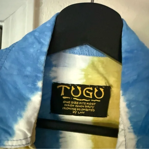 TUGU men’s yellow blue white striped rayon tie dye button up shirt - Picture 6 of 6